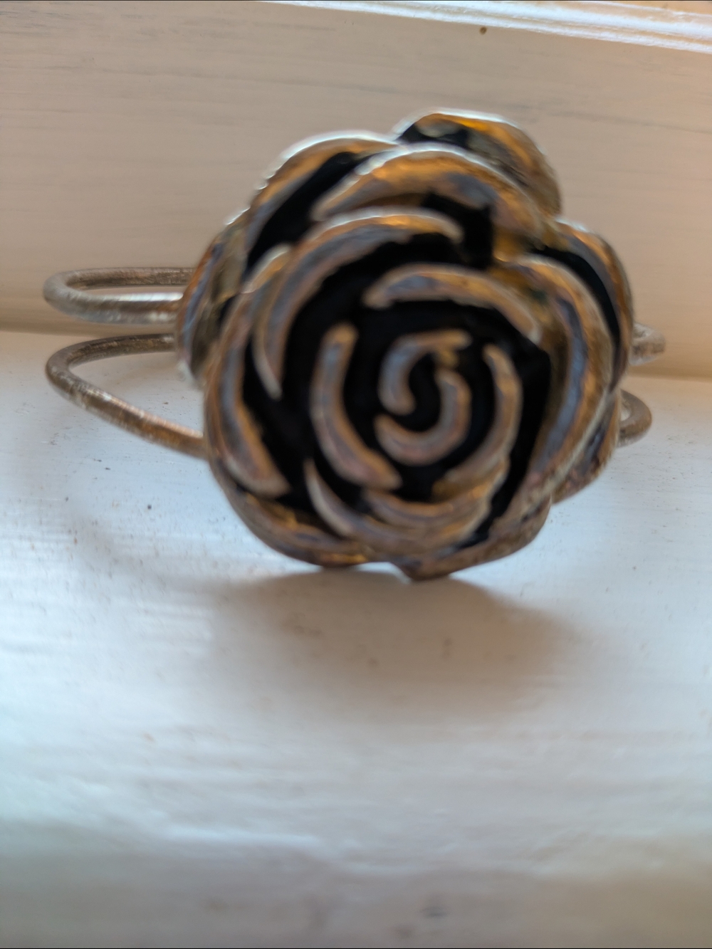 Silver Rose Cuff Bracelet - Black Accent